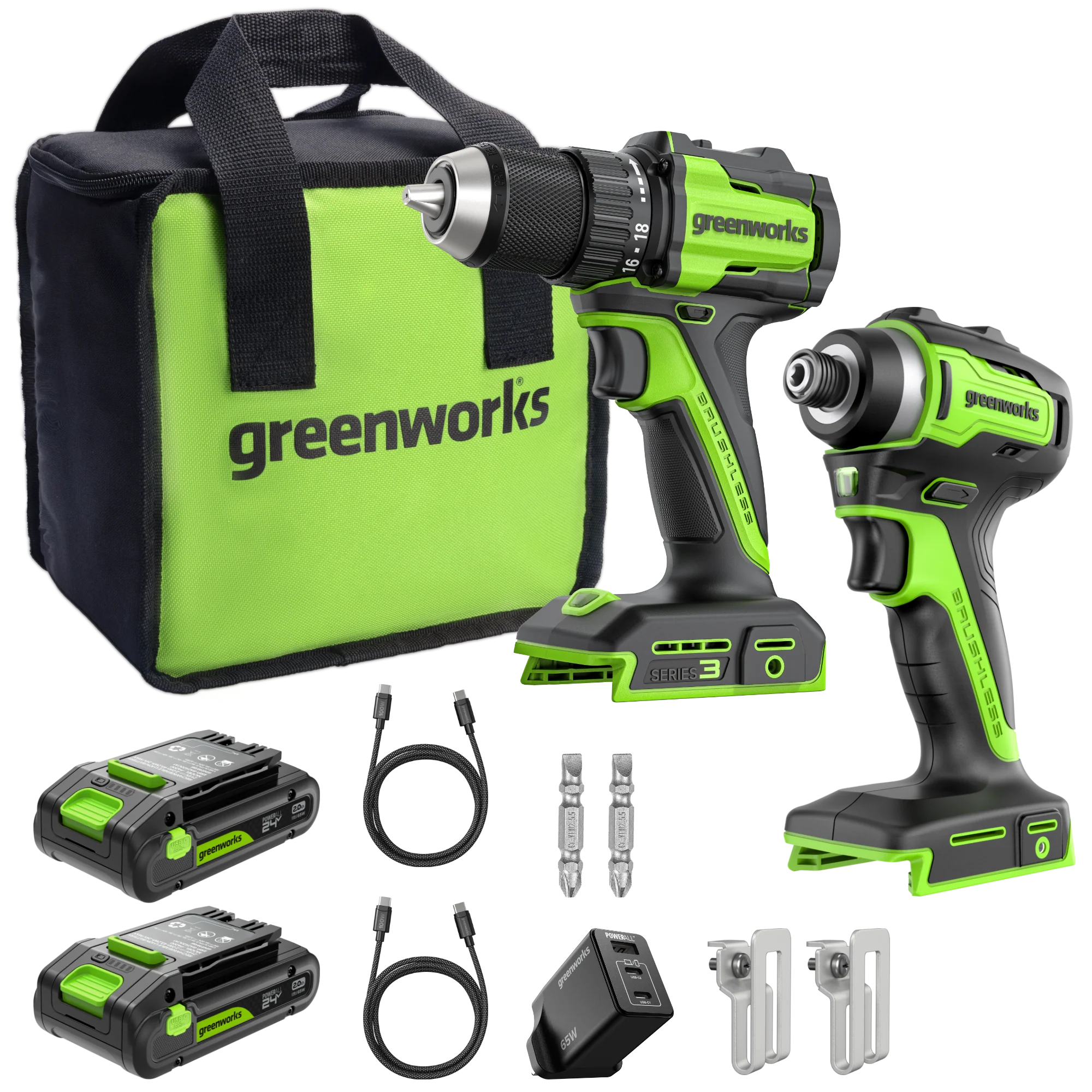 POWERALL 24V Drill Driver + Impact Driver Set - 2x 2Ah Batteries